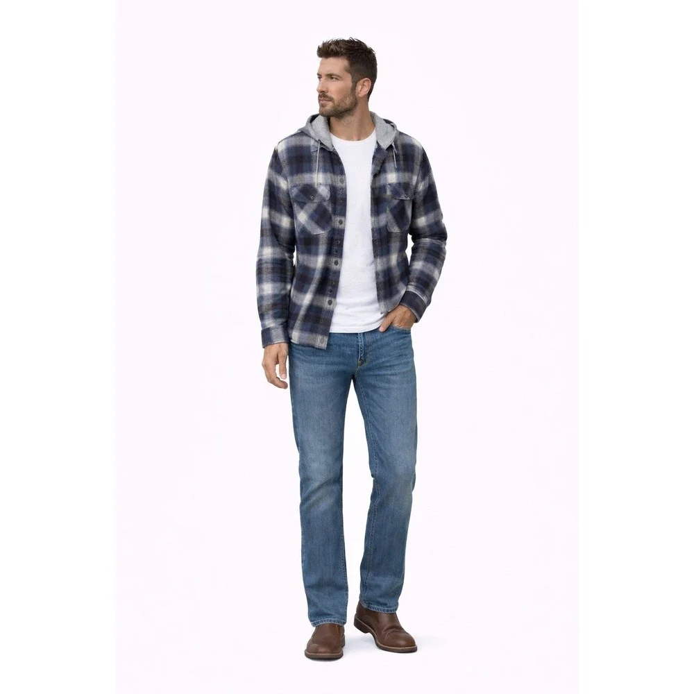 WRANGLER Authentics Plaid Hooded Jacket Large‎ Blue Gray Flannel